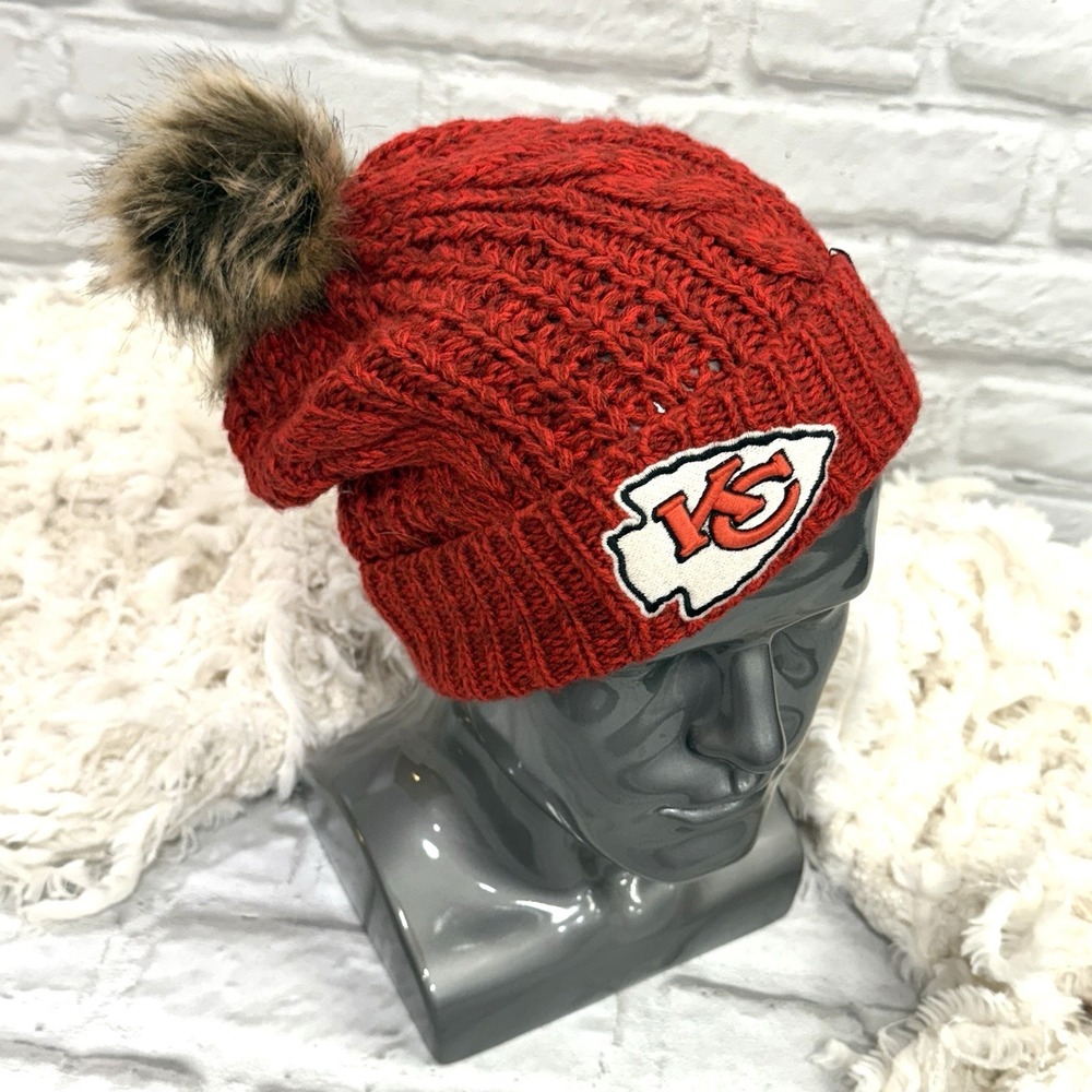 47' NFL Kansas City Chiefs Women's Cable Knit Beanie Hat Cap Football w/ Pom Pom